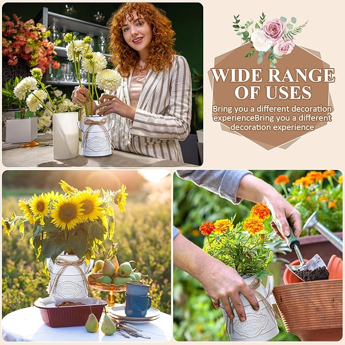 6 Inch Farmhouse Vase Decor Milk Can Vintage Flower Jug Galvanized Metal Vase with Handle Rustic Flower Buckets for Thanksgiving Christmas Table Centerpiece Weddings Gifts(Retro White,2 Pcs)-Ruum Studio Home