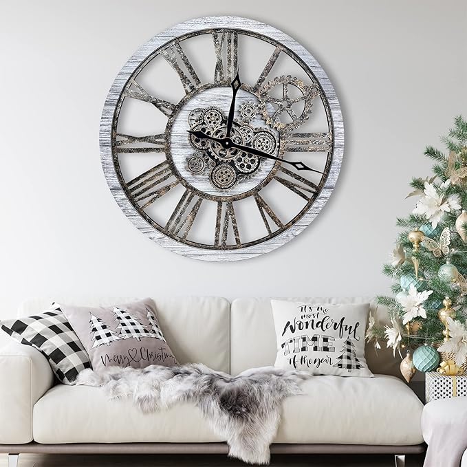 The B-Style Large Real Moving Gears Wall Clock 30 inch Rustic Retro Industrial Farmhouse Wood Clock Oversized Decorative Vintage Wall Clocks for Living Room (Gray White, 30 Inch/76CM)-Ruum Studio Home