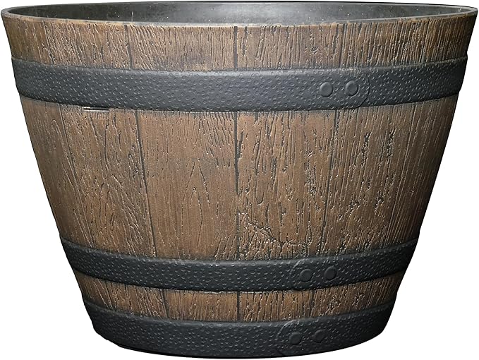Classic Home & Garden Whiskey Barrel Planters - Wood Finish Flower Planter Pot - Stylish Garden Pots - Indoor & Outdoor Resin Planters - Weather-Resistant Planting Pots (15.5" Walnut Brown, Pack of 1)-Ruum Studio Home