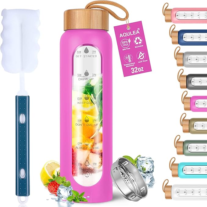 Aqulea Glass Water Bottles 32 Oz with Silicone Sleeve - BPA Free Reusable Wide Mouth Glass Motivational Water Bottles with Fruit Infuser – Leak Proof Borosilicate Water Bottle with Time Marker (Rose)-Ruum Studio Home