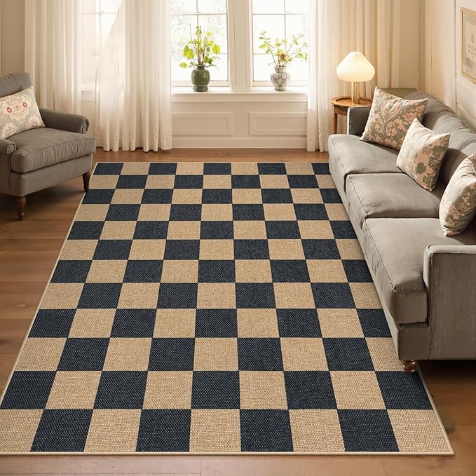 Lahome Checkered Easy Jute Area Rug, 5x7 Outdoor Patio Rug Washable Carpet for Living Room Checkerboard Indoor Outdoor Carpet, Farmhouse Geometric Non Slip Black Mat for Backyard Dining Room-Ruum Studio Home