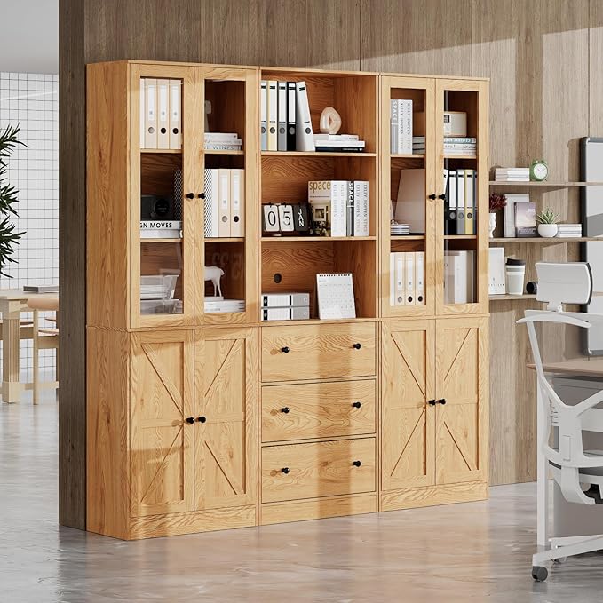 71" Tall Bookshelves Set of 3, 1 Bookcase with Drawers & 2 Bookshelves with Doors, Wooden Floor Standing Display Storage Shelves for Home Office, Living Room-Ruum Studio Home