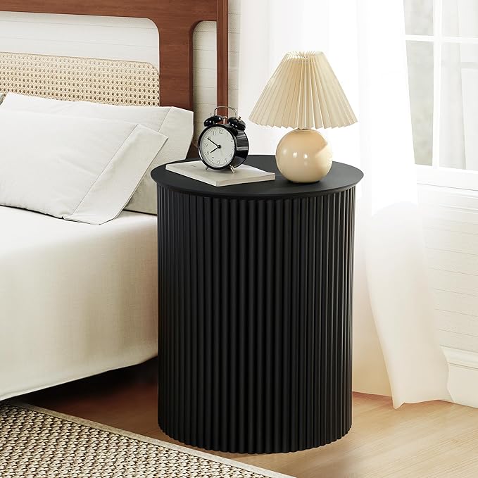 AVZEAR Fluted Round Side Table Small Mid Century End Table, 17.7" Fluted Nightstands Modern Circle Bedside Tables, Black Wood Night Stand for Small Spaces, Living Room, Bedroom (Black)-Ruum Studio Home