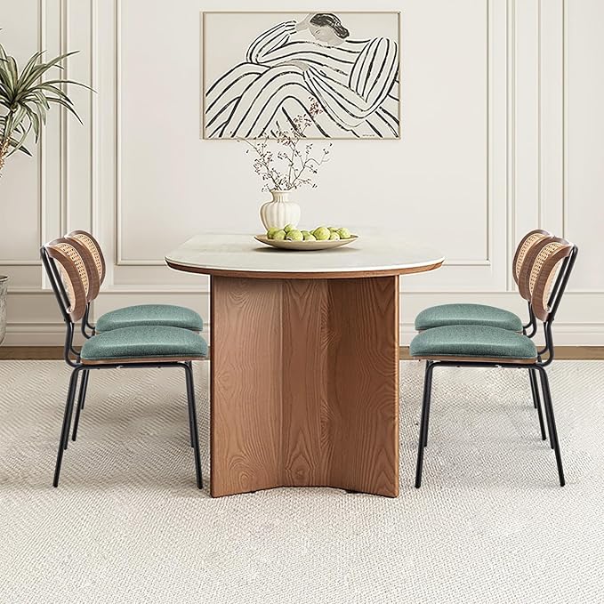 Rattan Dining Chairs Set of 4, Mid Century Modern Dining Chairs with Cane Back for Kitchen Dining Room, 19 Inch Fabric Green-Ruum Studio Home