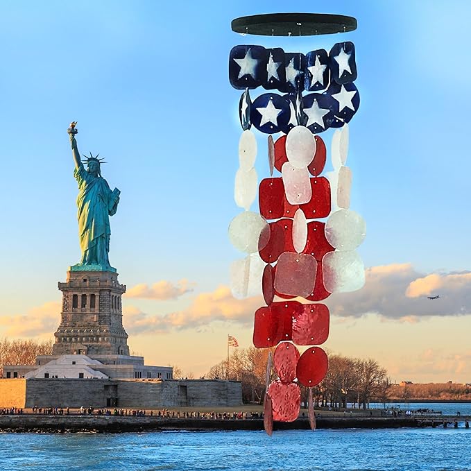 Bellaa 24834 Wind Chimes Outdoor, Garden Decorations, Musical, Indoor/Outside Windchimes, Beach, Ocean Breeze, Gifts for Mom, Gift for All Occasions, Capiz Sea Glass Shells Wood American Patriotic-Ruum Studio Home