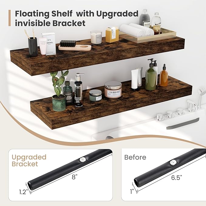 Heimlove 12" Deep Floating Shelves, 36 x 12 Inch Wall Mounted Long Floating Shelf with Invisible Brackets, for Home Decor, Bedroom, Kitchen, Living Room, Bathroom - 2 Pack, Rustic Brown-Ruum Studio Home
