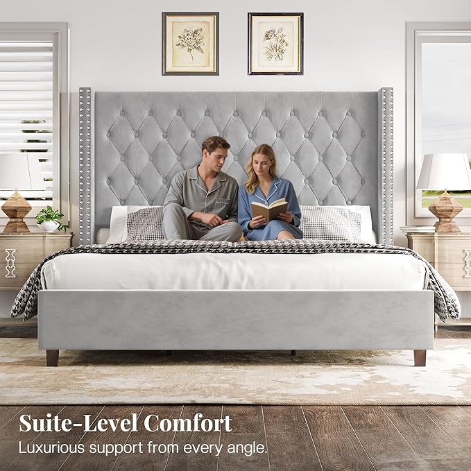 PaPaJet King Size Bed Frame with 61.4" Tall Headboard, Velvet Upholstered Platform and Handmade Deep Button Tufting, No Box Spring Required, Grey-Ruum Studio Home