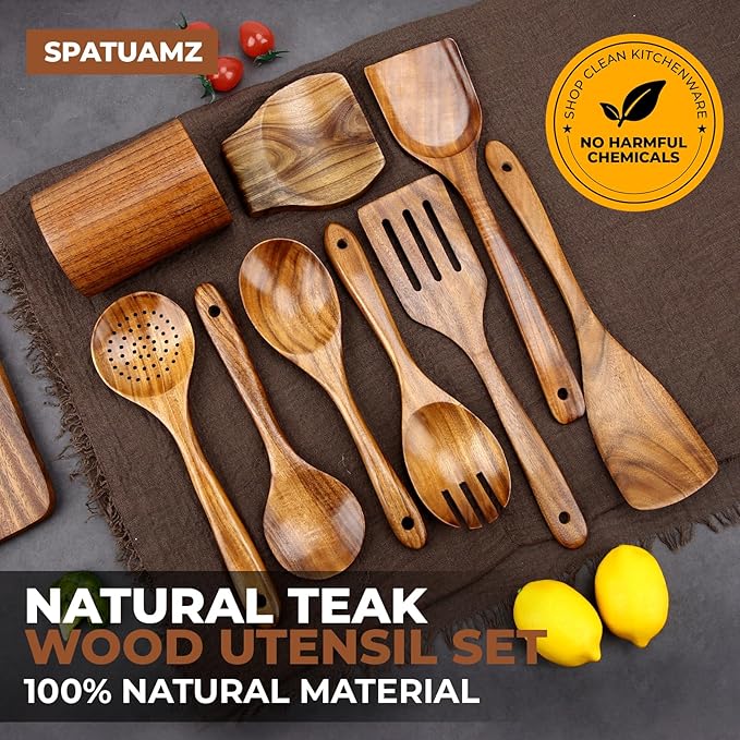 SPATUAMZ Wooden Spoons for Cooking, Teak Wood Kitchen Utensil Set for Nonstick Cookware, Durable Cooking Spatulas Set of 9 with Holder and Spoon Rest-Ruum Studio Home
