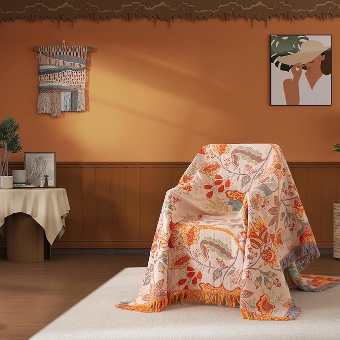 Boho Throw Blanket Full Size, Soft Cozy Cotton Muslin Quilt Blanket for Bed Decor, Floral Patterned Couch Sofa Chair Cover, Vintage Farmhouse Cottage Tapestry Woven Blanket, Coral&Green-Ruum Studio Home