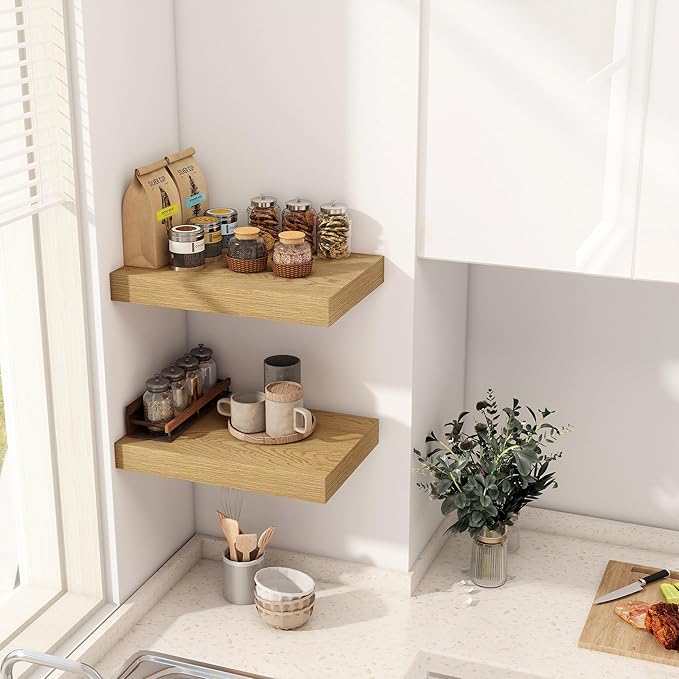 12 Inch Deep Floating Shelves, 16 x 12 Floating Shelf for Books, Rustic Wood Deep Wall Shelves for Home Storage & Display, 2" Thicked Shelves for Kitchen, Living Room, Bedroom, Oak Color, 2 Pack-Ruum Studio Home