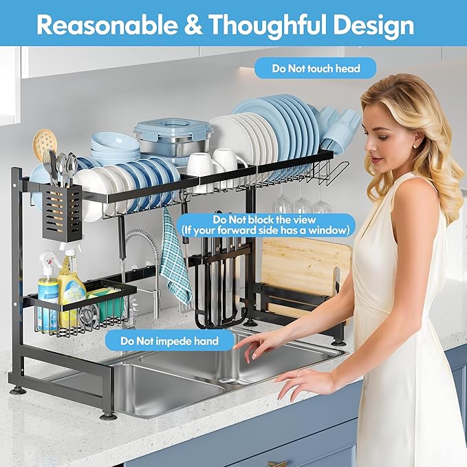 2 Tier Extra Large Stainless Steel Expandable Over The Sink Dish Drainer Drying Rack, Rust Proof Metal, Space Saving, Modern Black Big Capacity Extendable Plate Strainers Above Kitchen Counter-Ruum Studio Home