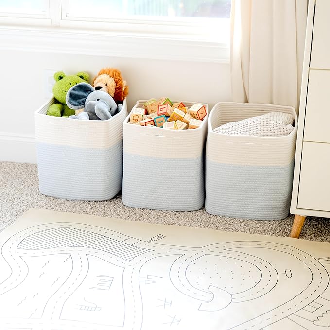 NaturalCozy 13x15x13 Kallax Storage Cubes Bins, 3 Pack | Cotton Rope Cube Storage Bin Woven Baskets for Organizing | Kallax Insert Storage Baskets for Shelves Organizer, Kids Toy, Closet Baby Nursery-Ruum Studio Home