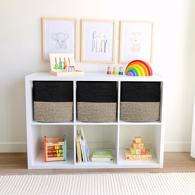 NaturalCozy 13 Inch Cube Storage Bins Cotton Rope Woven Baskets for Organizing 3-Pack | 13 x 13 Storage Cubes | Fabric Square Storage Baskets for Shelves Organizer, Kids Toy Bins, Closet Baby Nursery-Ruum Studio Home