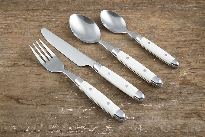 Cambridge Silverware Set, Jubilee White 16-Piece Flatware Set, Service for 4, 18/0 Stainless Steel, Silver Mirror Finish Beige Handles, Knives Spoons and Forks set, Dishwasher Safe, (Beige, 16 Pieces)-Ruum Studio Home