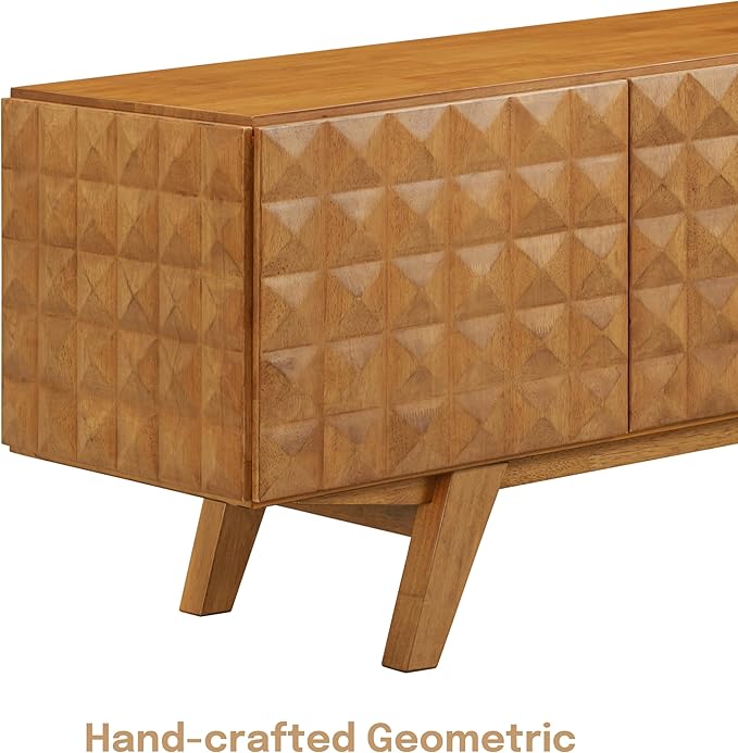 NTC Sapa Mid-Century Modern Solid Wood TV Stand 4-Door Media Console with Carved Geometric Fronts for TVs up to 75", Effortless Assembly, Teak Look-Ruum Studio Home