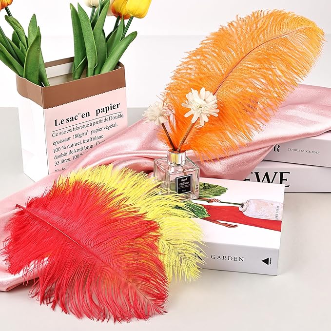 THARAHT Red Orange Yellow Ostrich Feathers 12pcs Natural Bulk 10-12Inch 25cm-30cm for Crafts Wedding Party Centerpieces Halloween and Home Decoration Feathers-Ruum Studio Home