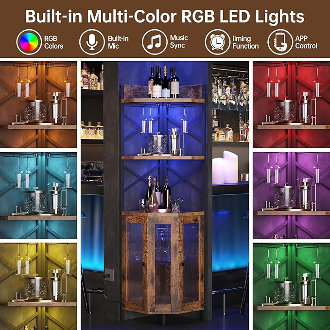 Corner Bar Cabinet with Power Outlet, 5-Tier Corner Wine Cabinet with Led Strip and Glass Holder, Industrial Tall Liquor Cabinet Bar Wine Rack for Home, Rustic Brown-Ruum Studio Home