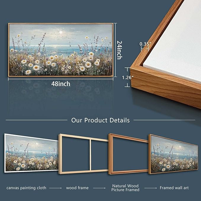 PHAOHUAXM Large Canvas Wall Decoration For Living Room Wall Art For Bedroom Office Decorations Blue Ocean Paintings Flowers Watercolour Wall Pictures Canvas Artworks Home Decor Wood Framed 24x48 In-Ruum Studio Home
