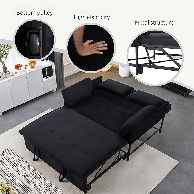 Pull Out Sofa Bed, 46” Futon Couch with Convertible Sleeper, Velvet Pull Out Couch with Adjustable Backrest, Small Sofa Bed with 2 Pillows for Living Room Office Guest Room, Black-Ruum Studio Home