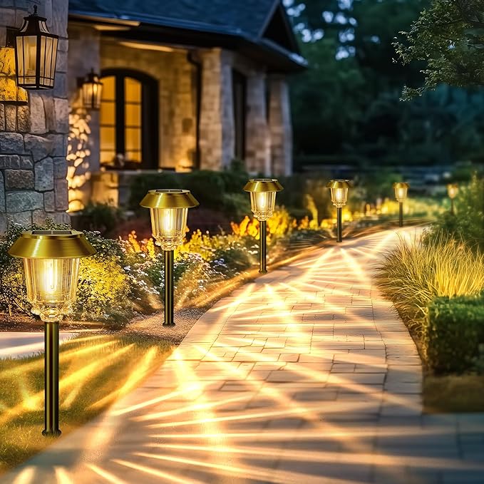 Solar Lights Outdoor Waterproof,6 Pack Gold Solar Pathway Lights with 10-40 LM Dimmable Glass and Metal, Solar Powered Garden Fall Decor for Yard,Patio,Pathway,Driveway(Warm White)-Ruum Studio Home
