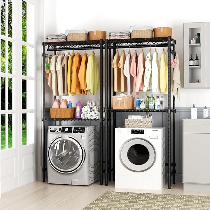 Over Washer and Dryer Shelves,2 Tier Adjustable Height Wire Shelving Laundry Room Storage Organization Clothes Drying Rack with Hanger Rod&Hooks,Space Saving Organizers Shelf,Black-Ruum Studio Home