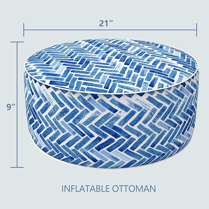 LVTXIII Indoor/Outdoor Inflatable Ottoman, All Weather Round Footrest Stool D21”x H9”, Portable for Patio Garden Camping or Home-Blue Bricks-Ruum Studio Home