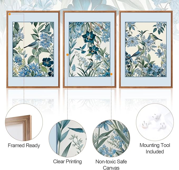 Aurlan Vintage Blue Birds and Botanical Framed Wall Art(24"x36"), 3PCS Classic Chinoiserie Audubon Bird Canvas Artwork, Large Abstract Watercolor Flowers Floral Home Decor for Bedroom Living Room-Ruum Studio Home