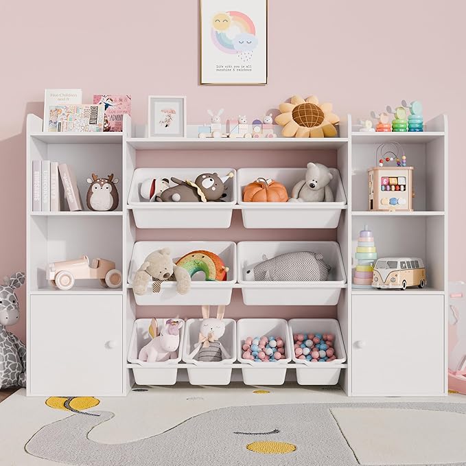 Xilingol Kids Toy Storage Organizer W/8 Removable Toy Bins, 4-Tier Toy Organizers W/6 Storage Cubbies, Kid Bookshelf and Toy Storage for Playroom, Bedroom, Kids Room, Classroom-Ruum Studio Home