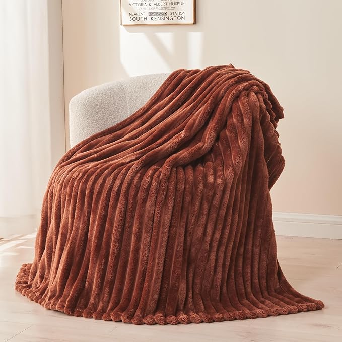 NEWCOSPLAY Super Soft King Blanket Coffee Premium Silky Flannel Fleece 3D Ribbed Jacquard Lightweight Bed Blanket All Season Use (Coffee Ribbed, King(90"x110"))-Ruum Studio Home