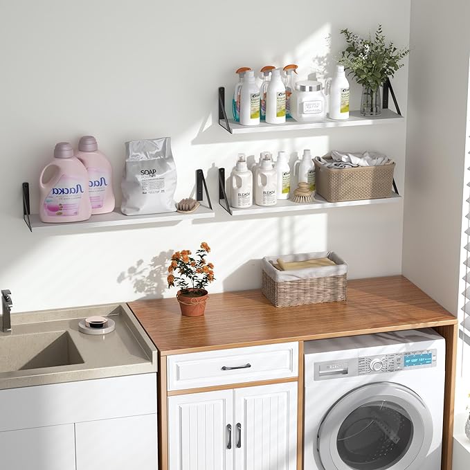 Heimlove Floating Shelves for Wall, 24 Inch Long Wood Floating Shelves Set of 3, Wall Mounted Hanging Shelf for Bathroom Bedroom Kitchen, White-Ruum Studio Home