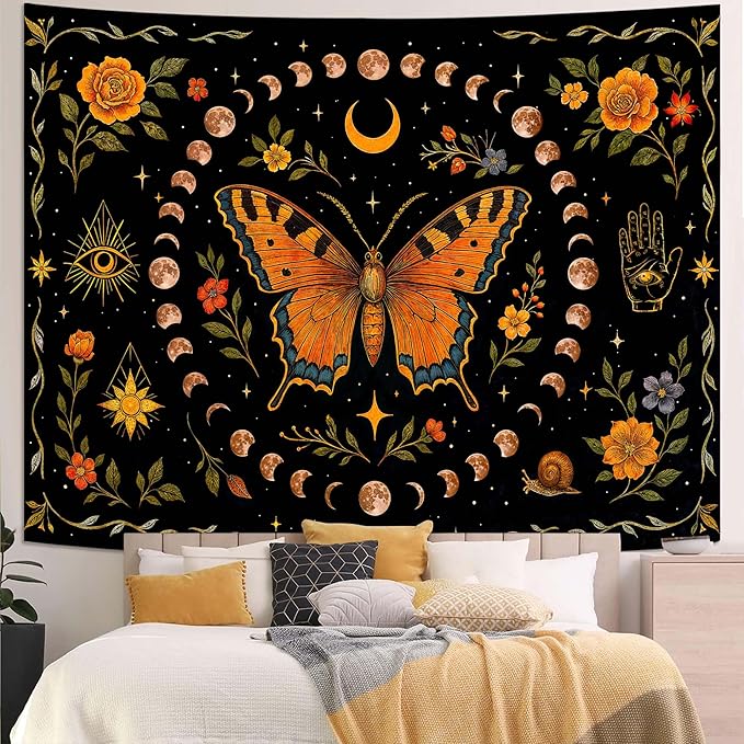 Lunerfex Moon Phase Butterfly Floral Wall Tapestry, Celestial Botanical Tapestries for Room Decor, Mystical Tapestry 60x44 Inch-Ruum Studio Home