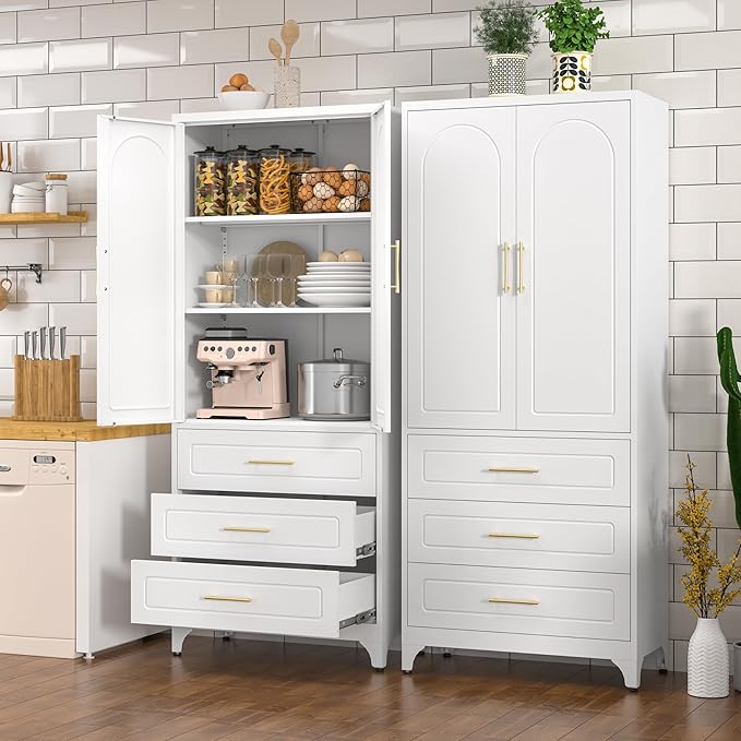 Kitchen Pantry Cabinet, 75" Tall Pantry Cabinet with Three Drawers, Freestanding Food Cupboard with Doors and Shelves, Metal Storage Cabinets for Dining, Living Room, White, Assembly Required-Ruum Studio Home