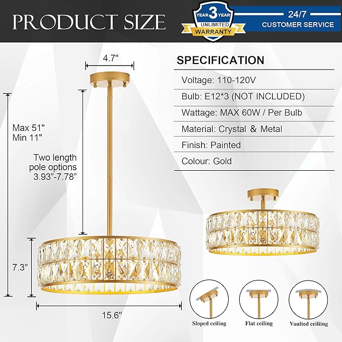 16” 4-Light Modern Crystal Chandeliers Gold Dinning Room Light Fixture, Round Pendant Light Kitchen Island Chandelier, Flush Mount Ceiling Light for Living Room Entryway Bedroom Foyer-Ruum Studio Home