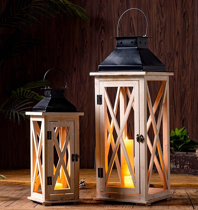 TIMRIS Large Wooden Candle Lanterns Decorative Set of 2, Rustic Farmhouse Whitewash Floor Lanterns, Indoor/Outdoor Hanging Lanterns for Home Decor (No Glass)-Ruum Studio Home