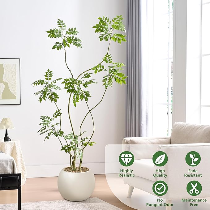 Artificial Mahonia Fortunei Tree 6ft,Tall Fake Plant Artificial Sumac Tree, Faux Plants Indoor Fake Plants Decor with Pots for Home Office Bathroom Bedroom Living Room Decorations Housewarming-Ruum Studio Home