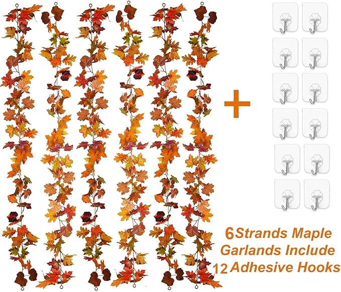 Lvydec 6 Pack Fall Maple Garland - 5.9ft/Strand Artificial Fall Foliage Garland Realistic Maple Leaves Autumn Decor for Home Wedding Halloween Thanksgiving Party-Ruum Studio Home