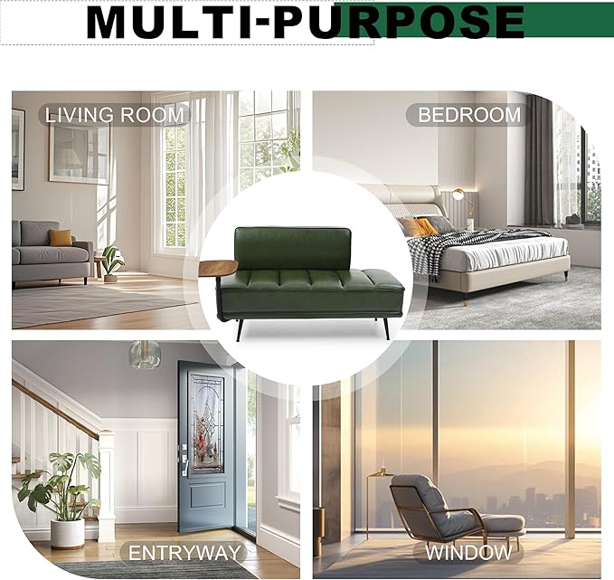 Sofa,Bed Bench,Small Spaces Furniture,Polyurethane Leather,Wood Frame,High Density Sponge Infillings,360-Degree Swivel Tray,Black Metal Leg (Green)-Ruum Studio Home