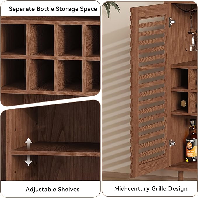 Mid Century Bar Cabinet with Wine Racks, Modern Liquor Cabinet with Slatted Doors for Dining Room, Living Room (Walnut Color)-Ruum Studio Home