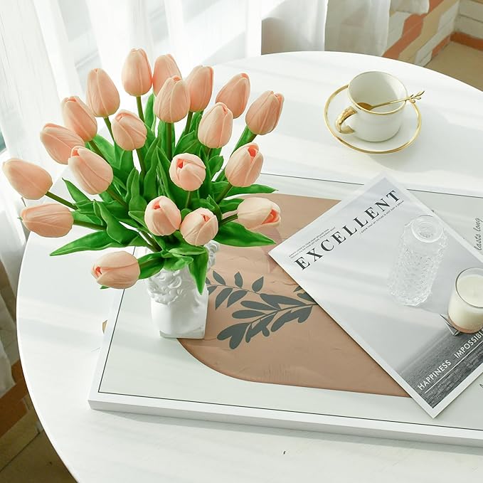 Mandy's Artificial Tulips 20 Stems Champagne PU Faux Flowers for Wedding Home Decor 13.5 Inch-Ruum Studio Home