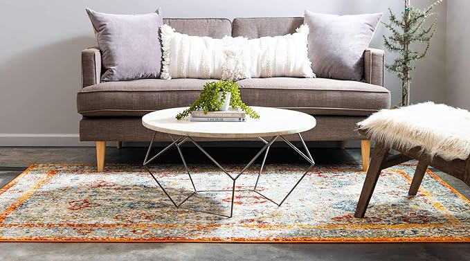 Unique Loom Rosso Collection Vintage, Traditional, Bohemian, Geometric, Distressed, Southwestern Area Rug, 5' 0" x 8' 0", Beige/Orange-Ruum Studio Home