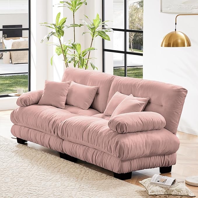 Loveseat Modular Sectional Sofa, Cloud Couch 2 Seater Sectional Couch Home Sofa Living Room Oversized Couch, Modern Deep Seat Couch with Chaise with Round Bolster Armrests 4 Pillows(Pink)-Ruum Studio Home
