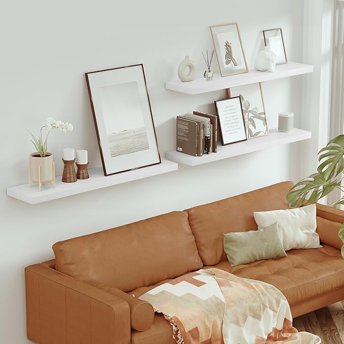 Single Floating Shelves 48 Inches, 48 x 10 inch Deep x 1.8 in Thick, Long Wall Shelves Heavy Duty 80 lbs for Bedroom, Living Room, Kitchen, Office, Modern Shelf Book Home Decor, White-Ruum Studio Home