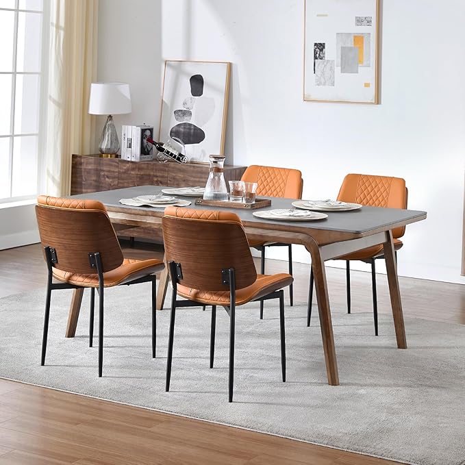 BV Dining Chairs Set of 2, PU Leather Armless Kitchen Chair in Modern Walnut Style, Mid Century Bentwood Side Chair with Metal Legs, Retro Accent Guest Chair for Kitchen Dining Room(Brown)-Ruum Studio Home