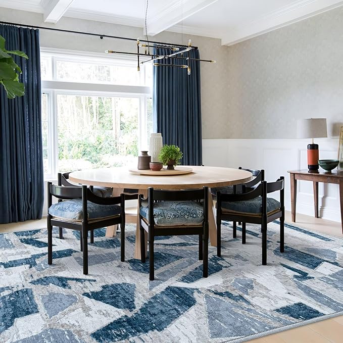 Modern Abstract Blue 5X7 Area Rug for Living Room Bedroom Washable, with Non-Slip Rubber Backing Print Faux Wool Thin, Throw Large Carpet for Kids Playroom Dining Room Pet & Child Friendly-Ruum Studio Home