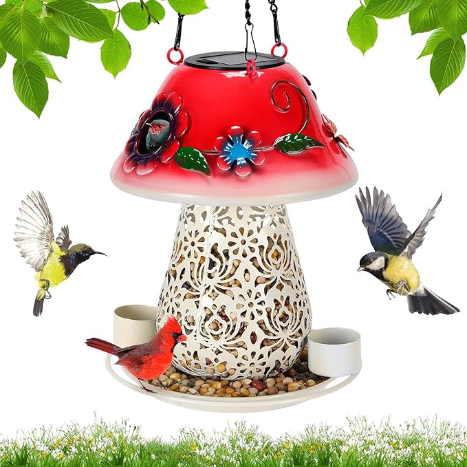Mushroom Solar Bird Feeders for Outdoors Hanging Metal Wild Bird Feeder Garden Lantern with S Hook for Garden Decoration red-Ruum Studio Home