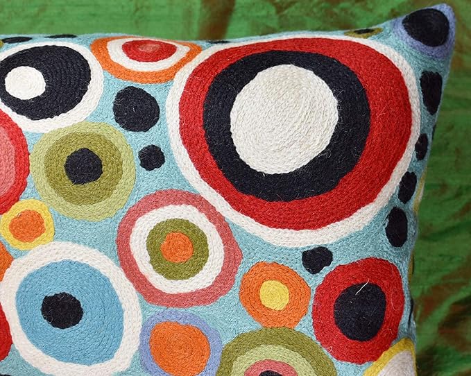 Lumbar Polka Dots Pillow Cover Turquoise Contemporary Decorative Pillowcase Blue Modern Outdoor Chair Cushion Couch Boho Cushions Hand Embroidered Cushions Wool Size - 14x20-Ruum Studio Home