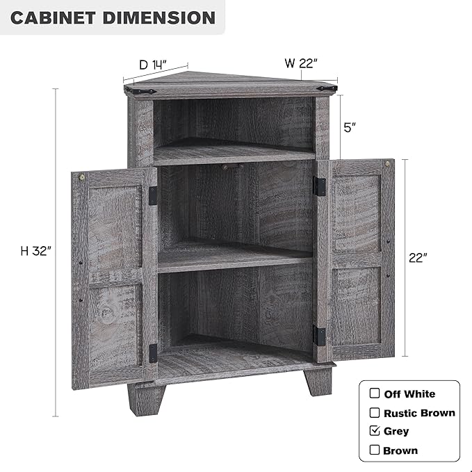 Corner Bathroom Cabinet, Farmhouse Small Corner Cabinet with Barn Door & Adjustable Shelf, Storage Cabinets for Bathroom, Kitchen, Living Room, Grey Wash-Ruum Studio Home