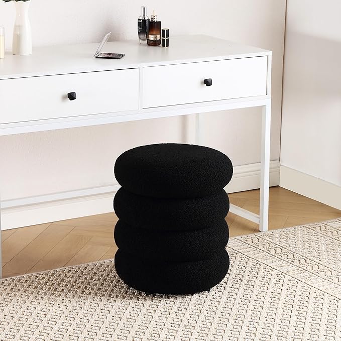 ONEVOG 16 Inch Small Ottoman Foot Rest, Sherpa Storage Ottoman for Toys, Black Vanity Stool Soft Tufted Fabric Pouf, Footstool Seat for Living Room, Dorm, Bedroom-Ruum Studio Home