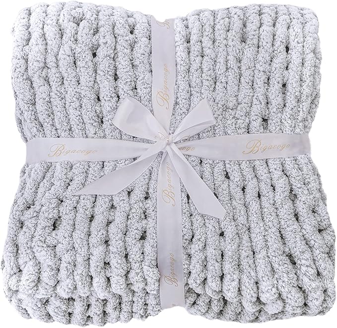Bigacogo Chunky Knit Throw Blanket for Couch, 80x90 inches, 100% Hand Knitted with Thick Jumbo Chenille Yarn, Cozy Soft Large Rope Knot Cable Crochet Blankets for Sofa Bed Living Room, Light Grey-Ruum Studio Home