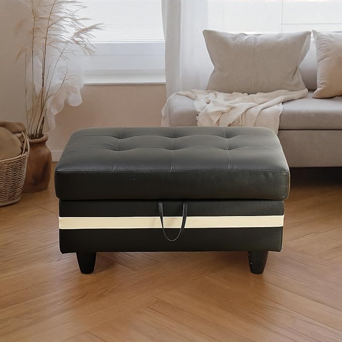 Ottoman Rectangular Storage Ottoman Bench, Faux Leather Footrest, Coffee Table, Stool Footstool with Hinged Lid for Living Room, Bedroom, Entryway, Black with White Strip, 35"x23.5"x17.5"-Ruum Studio Home